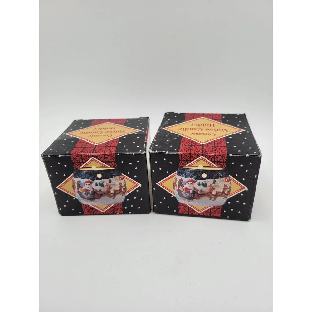 2 Vtg Giftco Ceramic Tea Light Candle Holders Santa Sleigh Reindeer Glitter 3.5